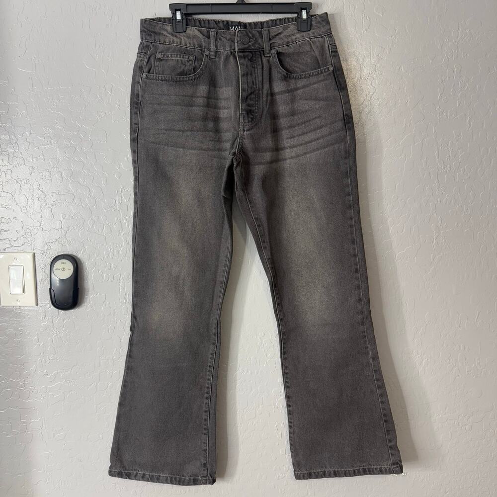 BoohooMan Relaxed Rigid Flare Jean, Charcoal, 32R